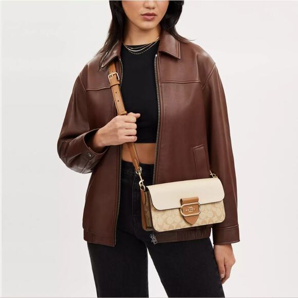 Coach Morgan Shoulder Crossbody Bag Blocked Signature Canvas In Khaki NWT CR332 - Picture 6 of 12